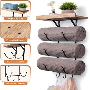 Porte-serviettes mural en bois à 3 barres, étagère de rangement, design minimaliste pour salle de bain - Product Image 5