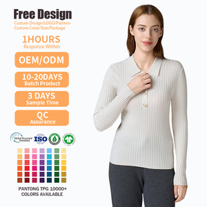 Suéter de Punto Personalizado a la Moda para Mujer, Cuello Polo, Tejido Acanalado, Color Beige Sólido, Corte Ajustado, con Botones, para Otoño e Invierno - Product Image 2