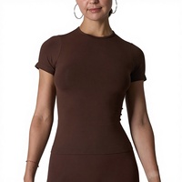 Camiseta Deportiva de Manga Corta para Mujer, Cuello Redondo, Alta Elasticidad, Sin Costuras, para Yoga y Running