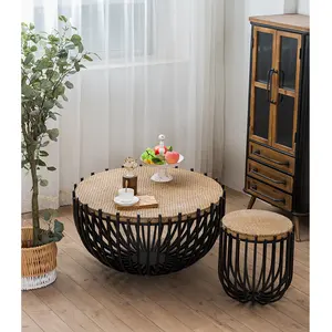 Creative Natural Rattan Round Coffee Table Metal Wire Side Table Steel Base And Rattan Top Coffee Table Furniture