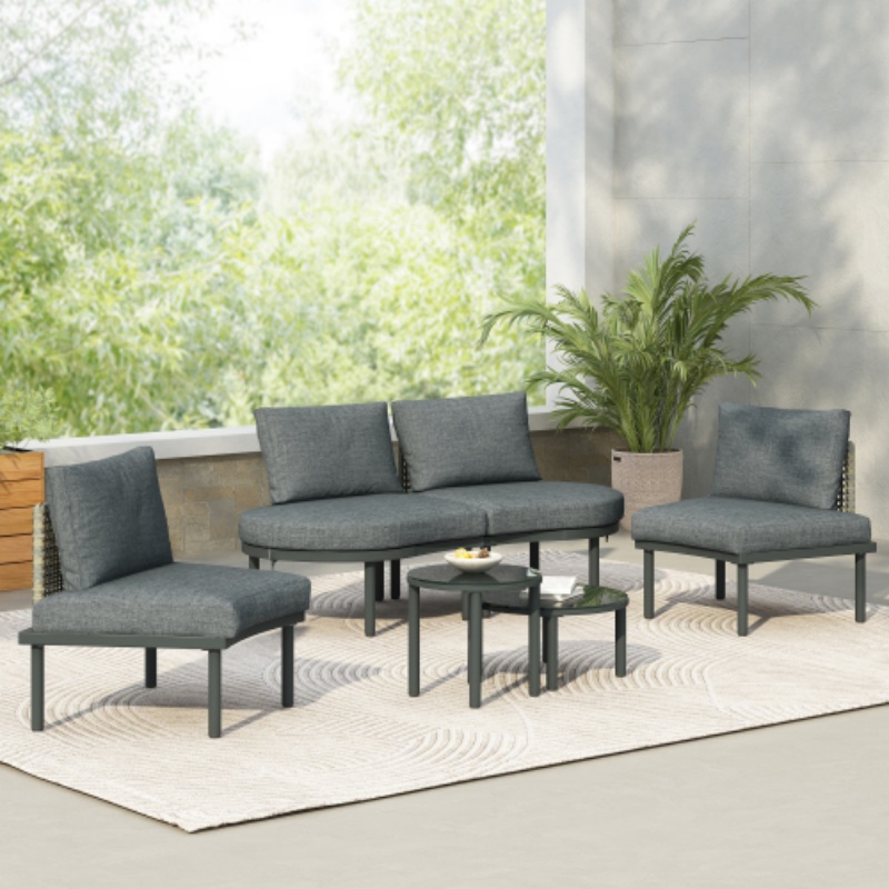 Gris + Rotin PE + Fer + Tissu imperméable + Mousse