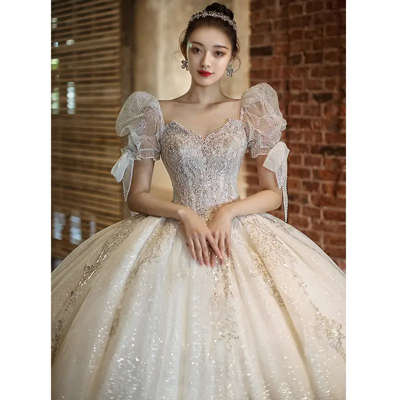 2022 new bride master wedding dress gown high-quality long trailing luxury dream shiny beaded princess French wedding dresses