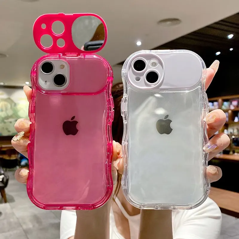 Casing ponsel pelindung kamera, sarung HP kickstand cermin gelombang TPU untuk iphone 14