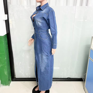 Wholesale New Spring Vintage Tight Waist Denim <strong>Dress</strong> Turndown Collar Button <strong>Dress</strong> Fashion Split Denim Long Denim <strong>Dresses</strong> - Product Image 5