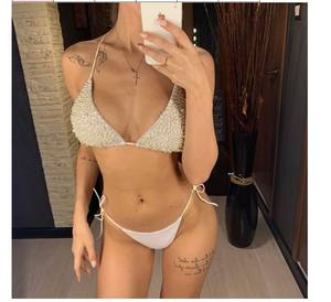 Traje de Baño <span class=keywords><strong>Bikini</strong></span> de Dos Piezas con Cuentas Triangulares de Color Sólido para Mujer, Diseño Más Reciente de 2022 - Product Image 4