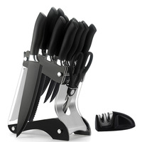 Ensemble de 17 couteaux de cuisine antiadhésifs, lames en acier inoxydable, manche ergonomique en PP, bloc à couteaux avec aiguiseur intégré, boîte colorée