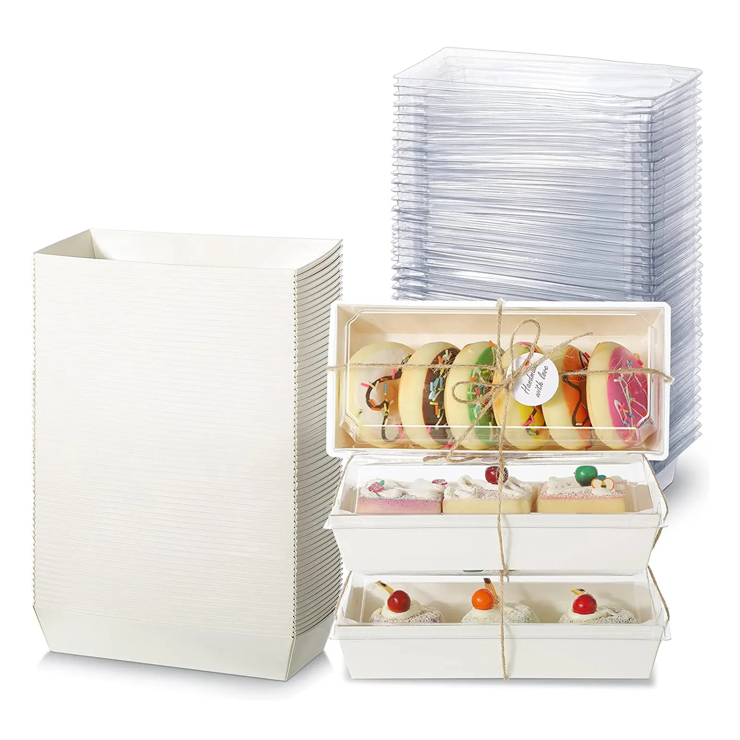 50 pak 3.3x6 inci kertas persegi panjang kotak wadah makanan sekali pakai untuk Swiss Roll, Sandwich, stroberi, potongan kue dengan tutup bening