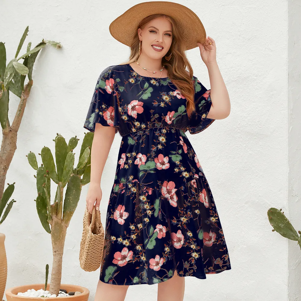 PRETTY STEPS Large size women's plus-size print casual holiday dress floral floral French elegant midi waistband dress