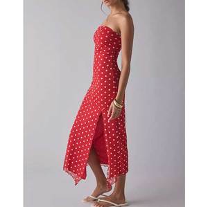 Great Quality <strong>Red</strong> and White <strong>Gingham</strong> Woven Plain Dyed Tube Maxi Dress with Natural Waistline for Flattering Silhouette Big Sizes - Product Image 2
