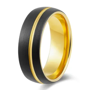 Poay Schmuck 8mm Offset Gold Rillen Wolfram karbid Ring Gebürstete Ehering Ringe