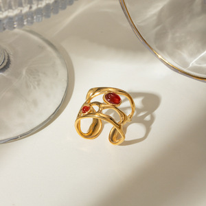 Geometric Red Agate Hollow <b>Open</b> <b>Ring</b> 18K Gold Plated Stainless Steel Unisex Party Jewelry - Product Image 4