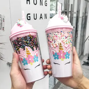 Zogifts韩版时尚大塑料情侣喝果汁水杯卡通可爱独角兽粉色咖啡茶瓶带吸管
