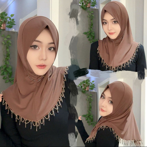 Hijab en polyester pour <span class=keywords><strong>femme</strong></span> avec ourlet plissé, couleurs unies, chaînes délicates, perles, décoration en strass, tissu en <span class=keywords><strong>mousseline</strong></span> - Product Image 1