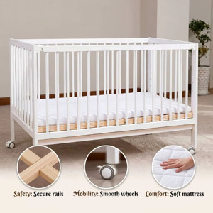 Cuna Moderna de Madera Blanca con Ruedas, Diseño Minimalista para Bebés de 0 a 3 Años, Muebles para Cuarto Infantil - Product Image 4