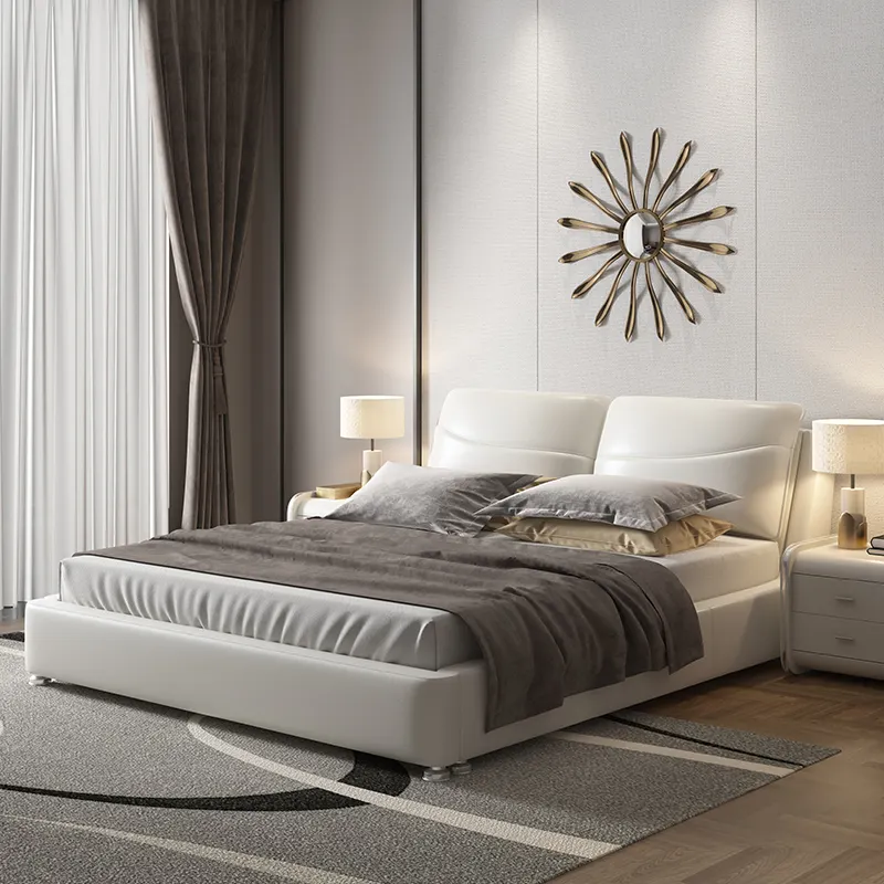 Кожаная кровать, Современная двойная Современная стильная дешевая горячая распродажа, кожаная фанера, Полиуретановая рамка для кровати