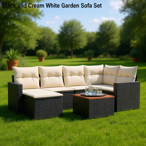 Ensemble de canapés de jardin noir et blanc crème, meubles en rotin d'extérieur avec coussins en mousse haute densité, design contemporain imperméable - Product Image 2