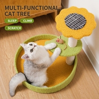 Arbre à chat en peluche vert en gros avec plateforme tournesol, lit rond pour chat et jouet pompon pour chats d'intérieur et chatons, en bois et sisal