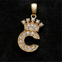 Pendentif Lettre C Couronne 15MM en Or 18K Sertie de Diamants Véritables, Breloque Initiale Alphabet, Bijoux Hip Hop de Luxe pour Hommes et Femmes, Cadeau de Fête