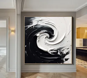 Pintura al Óleo Abstracta de Ondas en Blanco y Negro, Arte Moderno Texturizado en Lienzo para Decoración de Sala de Estar - Product Image 2