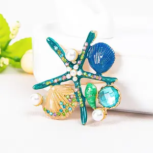 Fashion Jewelry Diamond Shell Starfish Brooch Luxury Pearl Rhinestone Crystal Starfish Brooch Pins Brooches Women