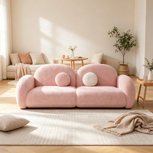 Canapé trois places moderne en tissu bouclé rose avec accoudoirs incurvés, dossier capitonné et pieds en bois - Meuble polyvalent pour salon - Product Image 1