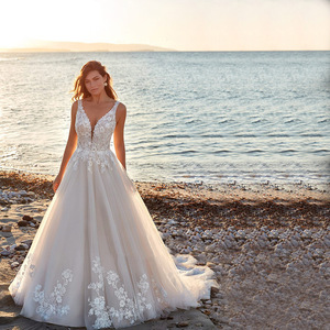 Wedding Dress A-Line V-Neck Lace White Natural Waistline Simple Style Forest Elegant Slimming - Product Image 1