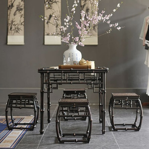 Ming Qing Style Bamboo Square <b>Table</b> Set 5 Piece Chinese Design <b>Dining</b> Room Furniture With Four <b>Stools</b> - Product Image 1