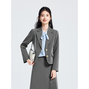 Women's Suit Set Gray Solid Color Slim Fit Blazer Skirt Professional Commuting Outfit - Product Image 4