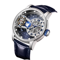 Montre mécanique à double mouvement de la série Celestial pour hommes, entièrement automatique, avec cadran ajouré, lumineux, bracelet en cuir de vache, aiguilles en verre, étanche