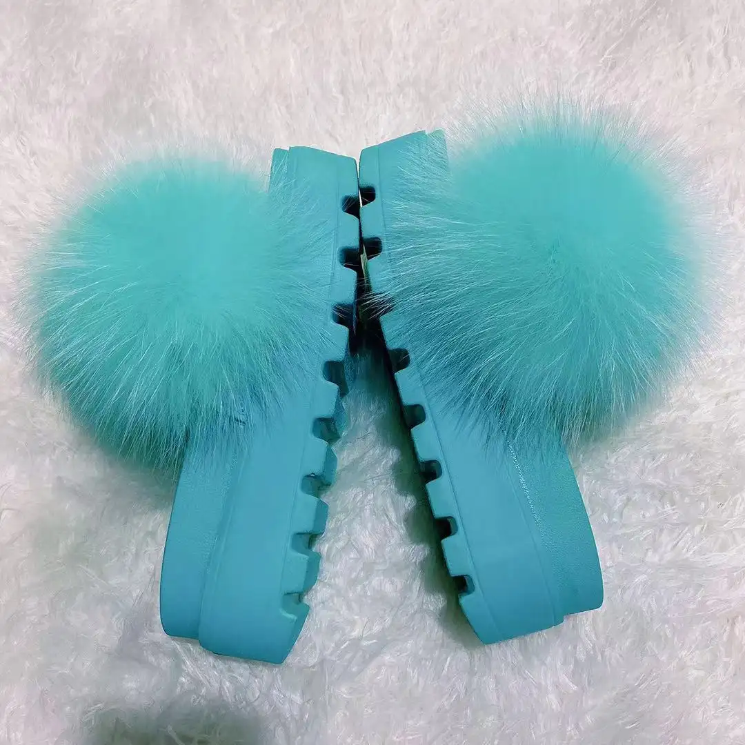 Fashion Women Furry Slippers Ladies Shoes Plush Fox Hair Fluffy Sandals Women's fox Fur Slippers high heel platform slides