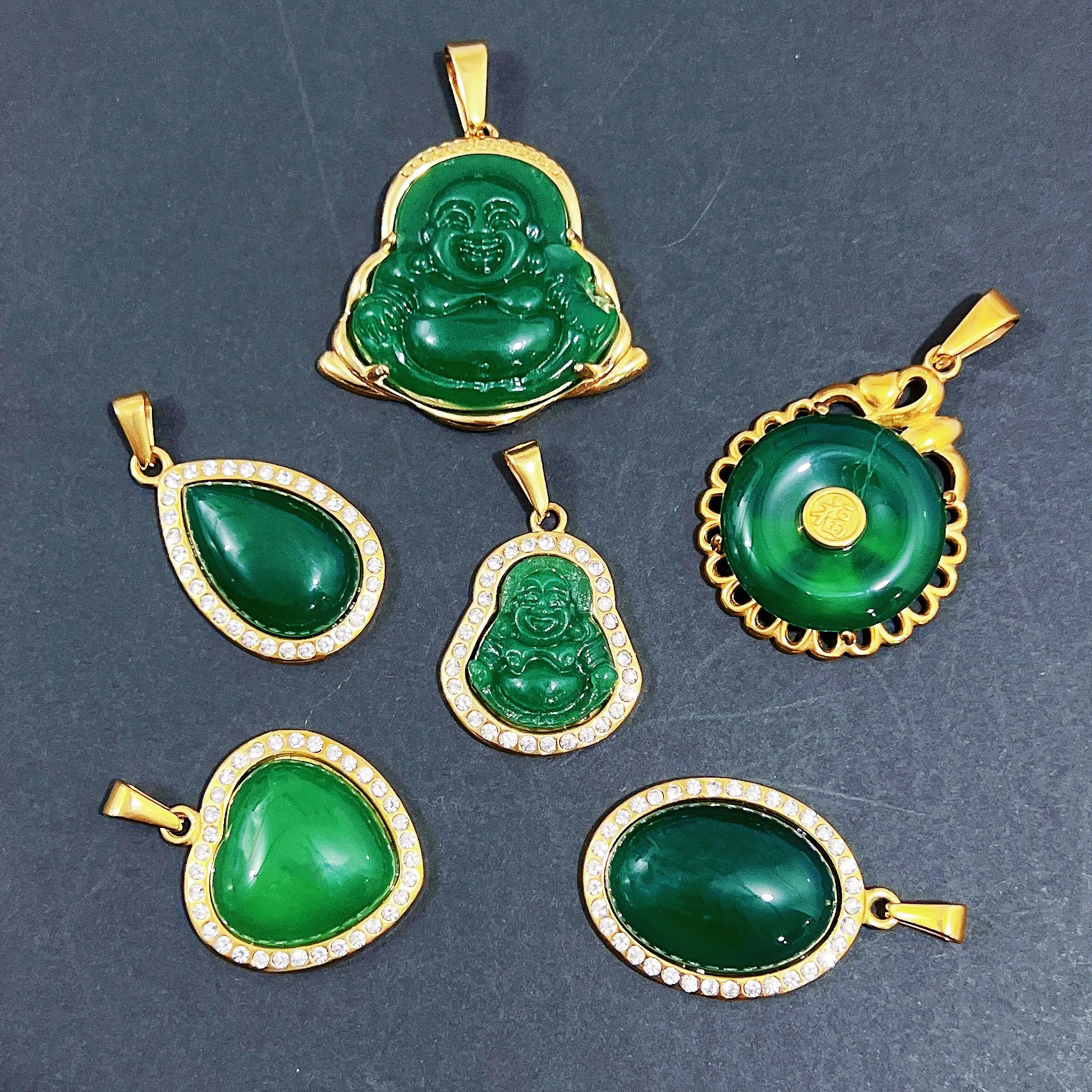 Maitreya bouddha bijoux pendentif or acier inoxydable cubique zircone diamant vert jade bouddha pendentifs pour hommes