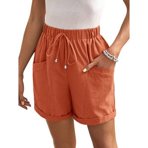 Women's Relaxed Fit Summer Linen <b>Shorts</b> High Waist Casual Style <b>Woven</b> Breathable with Drawstring and Side Pockets - Product Image 4