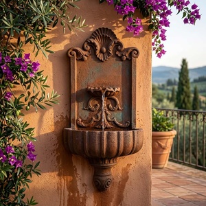 Fontaine murale extérieure vintage, style rustique en terre cuite, décoration murale de jardin, élément aquatique suspendu - Product Image 2