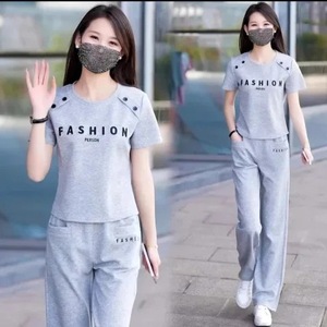 Women's Gray Casual Two-Piece Set Short Sleeve Top Straight Leg Pants Polyester Knitted Sportswear Summer Outfit - Product Image 1