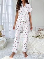 Ensemble de pyjama pour femmes à imprimé cerises, avec bordure en dentelle, haut à manches courtes boutonné et pantalon long, vêtements de nuit, vente en gros, personnalisable
