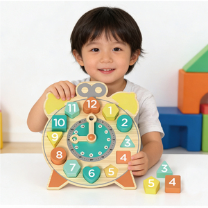 Orologio in Legno Giocattolo per Bambini per <span class=keywords><strong>Imparare</strong></span> il Tempo, <span class=keywords><strong>Numeri</strong></span>, Forme e Colori - Gioco di Abbinamento - Product Image 2