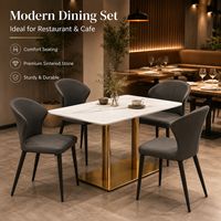 Tables et chaises de restaurant, ensemble de salle à manger avec plateau en pierre frittée, base en colonne dorée et sièges rembourrés pour bistrot et café