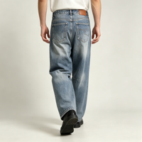 Jean Indigo pour Homme, Pantalon en Denim Bleu Coupe Ample Jambe Large, Cinq Poches, Style Décontracté, OEM Personnalisé, Vente en Gros