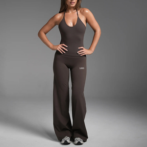 Ensemble <span class=keywords><strong>de</strong></span> yoga 2 pièces pour <span class=keywords><strong>femme</strong></span> avec logo personnalisé OEM, taille élastique respirante, débardeur dos nu et pantalon évasé, <span class=keywords><strong>tenue</strong></span> <span class=keywords><strong>de</strong></span> sport pour la <span class=keywords><strong>gym</strong></span> - Product Image 1