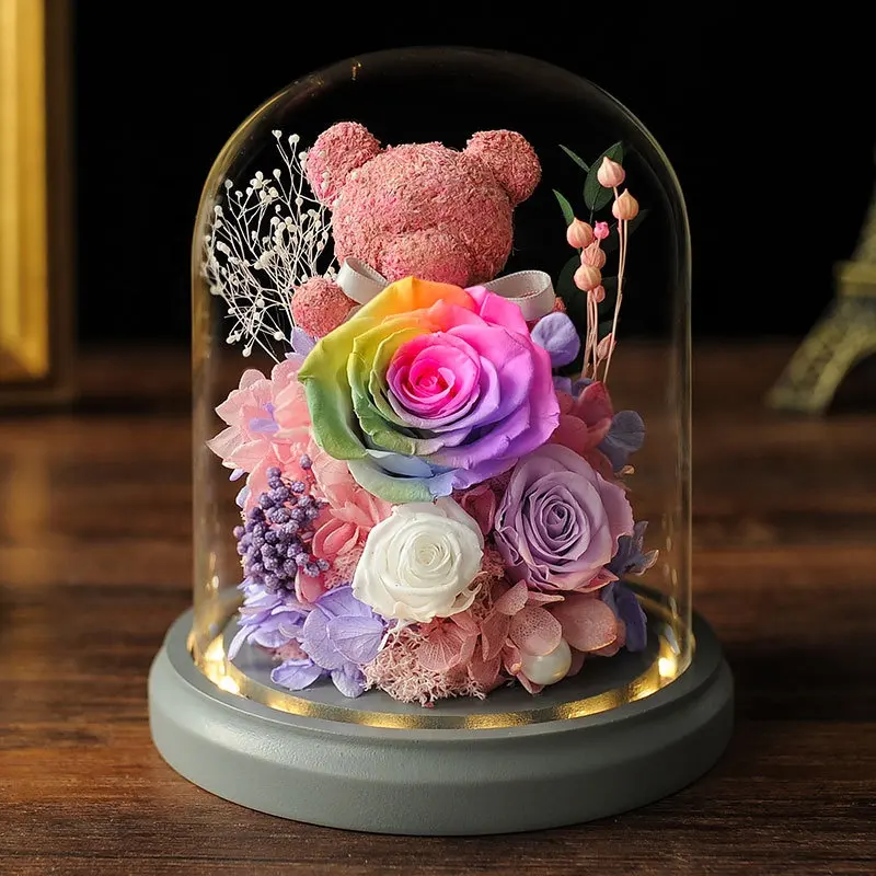 Gift Box Moss Bear Rose Dried Flower Bouquet Creative Valentine's Day Gift Glass Cover Eternal Flower