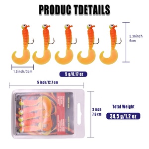 <span class=keywords><strong>Set</strong></span> de 5 señuelos de pesca de plástico blando pre-armados con cola rizada, tipo grub, con cabeza de jig y cebo de lombriz - Product Image 2