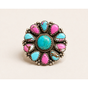Bague Statement en Argent Plaqué Or Rose avec Turquoise et Coton Rose, Bague Florale Ronde en Pierre Précieuse pour Femme - Product Image 2