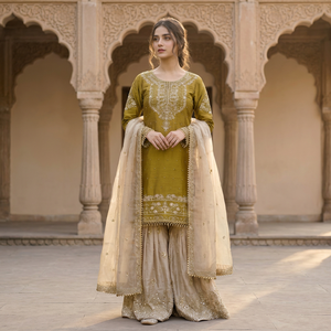 Olive <b>Green</b> <b>Silk</b> Embroidered Traditional Kurti Sharara Set with Net Dupatta Women Ethnic Wedding Wear - Product Image 1