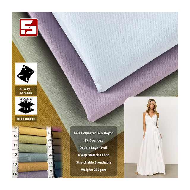 280gsm Heavyweight Tr 4 Way Stretch Fabric 64% Polyester 32% Rayon 4% Spandex Fabric Skin-friendly Woven Fabric