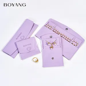 Boyang Custom Microfiber Jewelry Gift Pouches Ring Earrings Necklace Bracelet Jewelry Packaging Bag With Flap Button