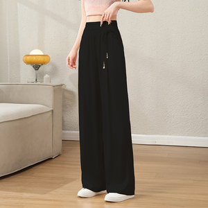 กางเกงเอวสูงผ้าไอซ์ซิลค์สำหรับผู้หญิงใส่ในฤดูร้อนกางเกงเอวสูงแบบจีนใส่ลำลองใส่เล่นทรงขากว้างกางเกงชาเบนเอวยางยืด - Product Image 4