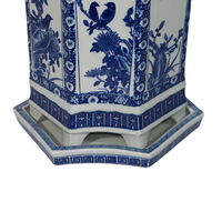 Pot de fleurs hexagonal bleu et blanc de Jingdezhen avec plateau, motif floral et d'oiseaux, pot en céramique antique pour orchidées et bonsaïs