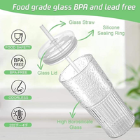 Gobelet en verre borosilicate martelé 460 ml réutilisable moderne, compatible lave-vaisselle et micro-ondes, avec couvercle et paille, pour café, thé, eau
