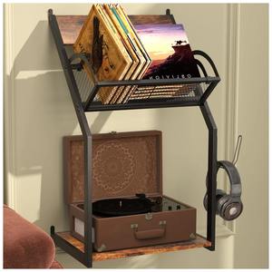 Support de tourne-disque mural en bois d'acier rustique avec étagères de rangement de disques vinyles <span class=keywords><strong>CD</strong></span> pour chambre bureau salon supports de rangement - Product Image 1