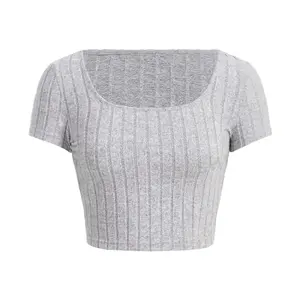 Gorpcore Damen-Crop-Top-T-Shirt gerippter Rundhalsausschnitt mit Salatuce-Zahl kurze Ärmel solides Muster Logo-Dekoration Crop-Top-T-Shirt